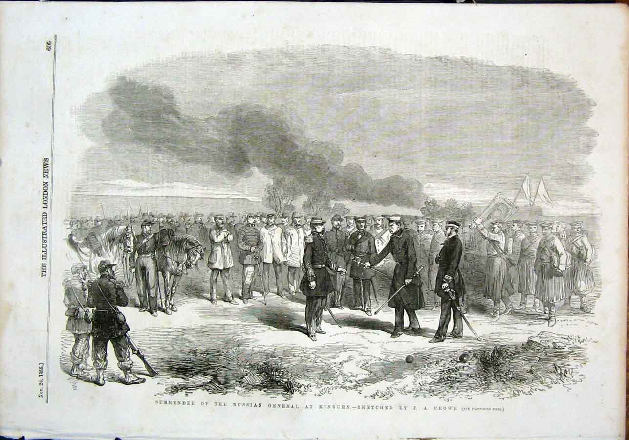 Original Old Antique Print Surrender Russian General Kinburn Crowe 1855 19th