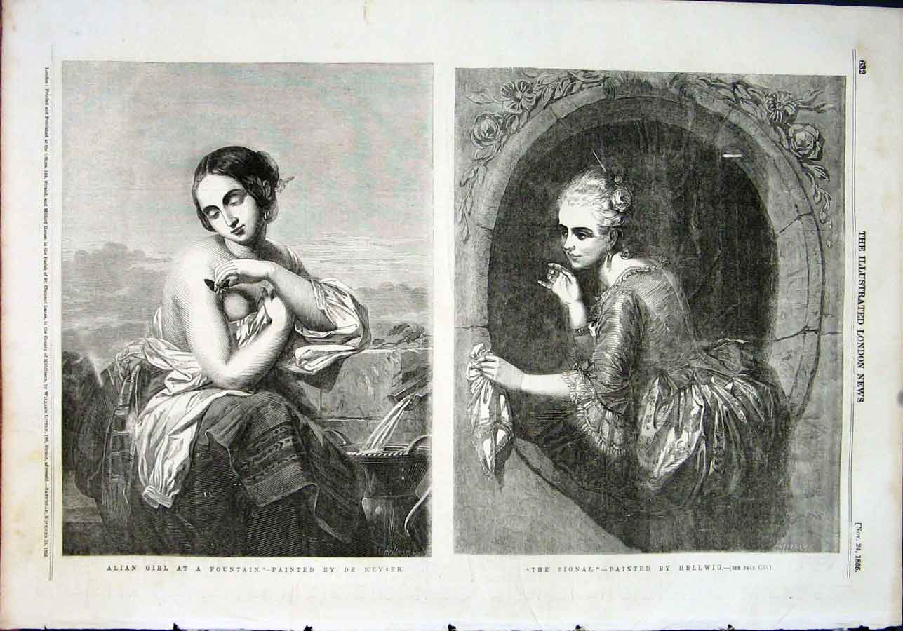 Old Antique Print Girl Fountain Keyser Signal Lady Hellwig Fine Art 1855 19th