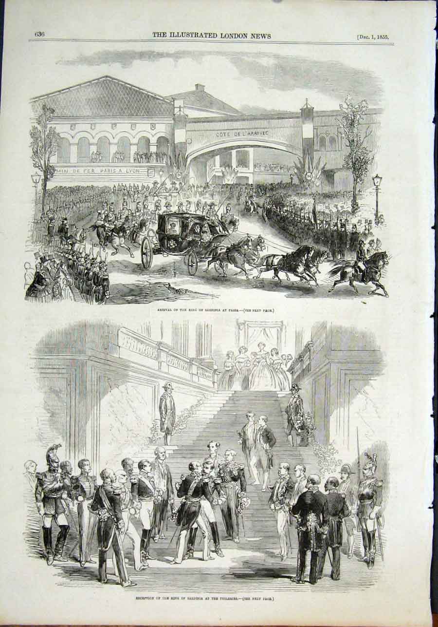 Original Old Antique Print Sardinia King Paris Tuilleries Reception 1855 19th