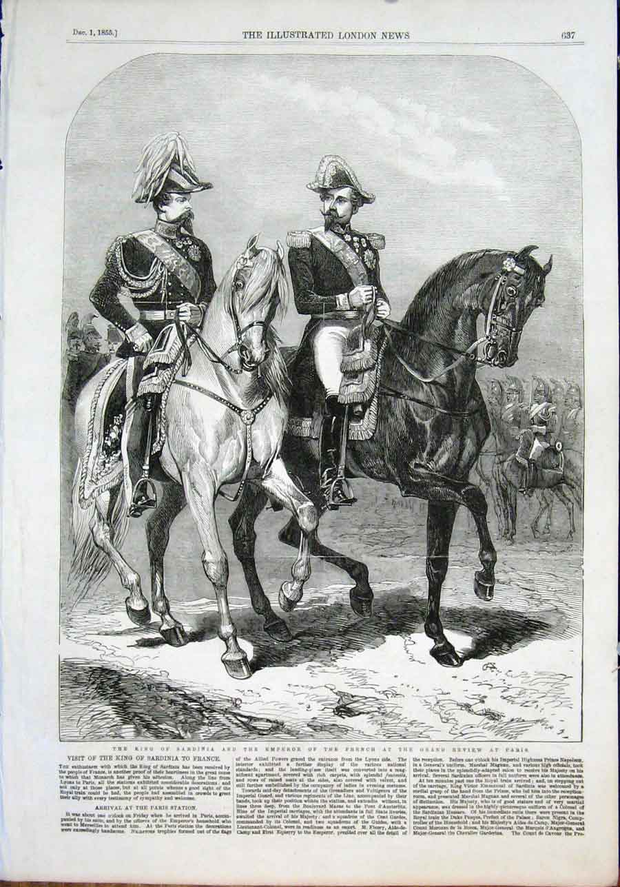 Old Antique Print King Sardinia Emperor French Grand Review Paris France
