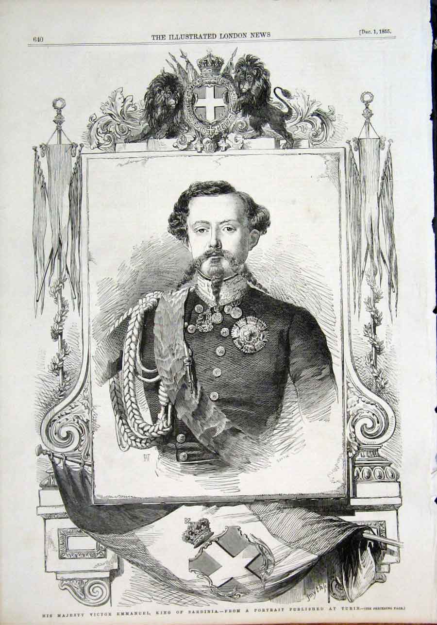 Original Old Antique Print Portrait Victor Emmanuel King Sardinia Turin 1855