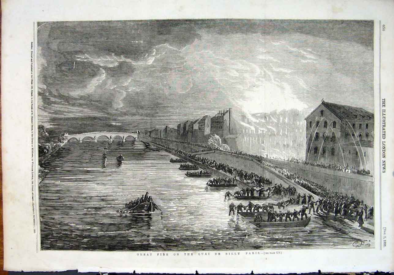 Original Old Antique Print Great Fire Quai De Billy Pars France 1855 Victorian