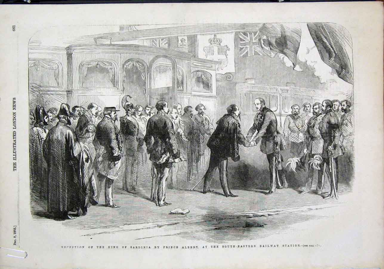 Original Old Antique Print King Sardinia Prince Albert Railway Woolwich Arsenal