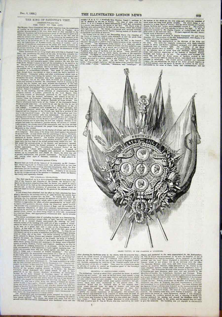 Original Old Antique Print Grand Trophy Guildhall London 1855 19th