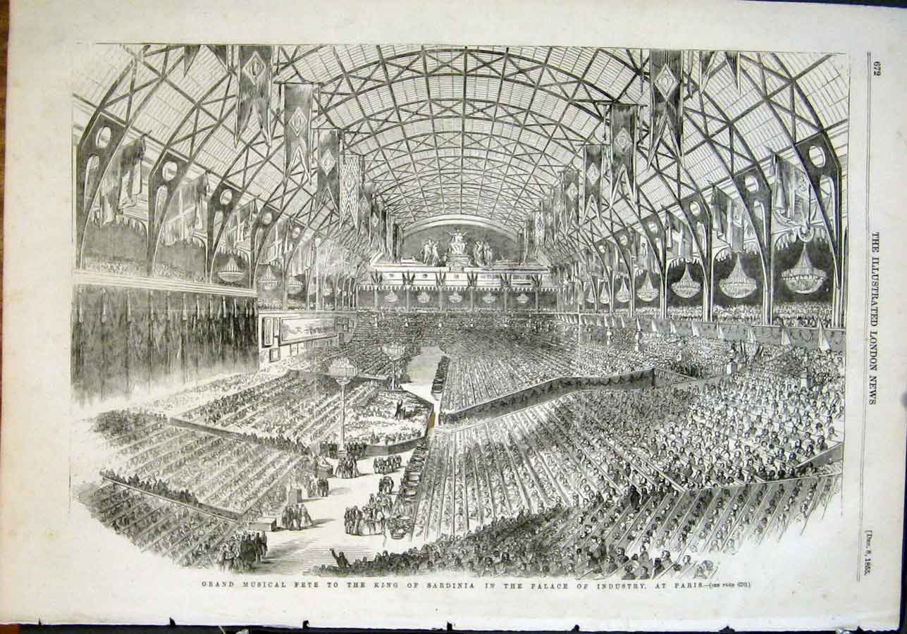 Old Antique Print Grand Musical Fete King Sardinia Palace Industry Paris