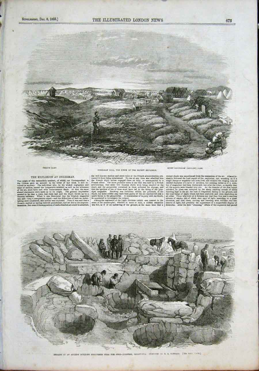 Original Old Antique Print Inkerman Hill Crimea Ancient Building Sebastopol 1855