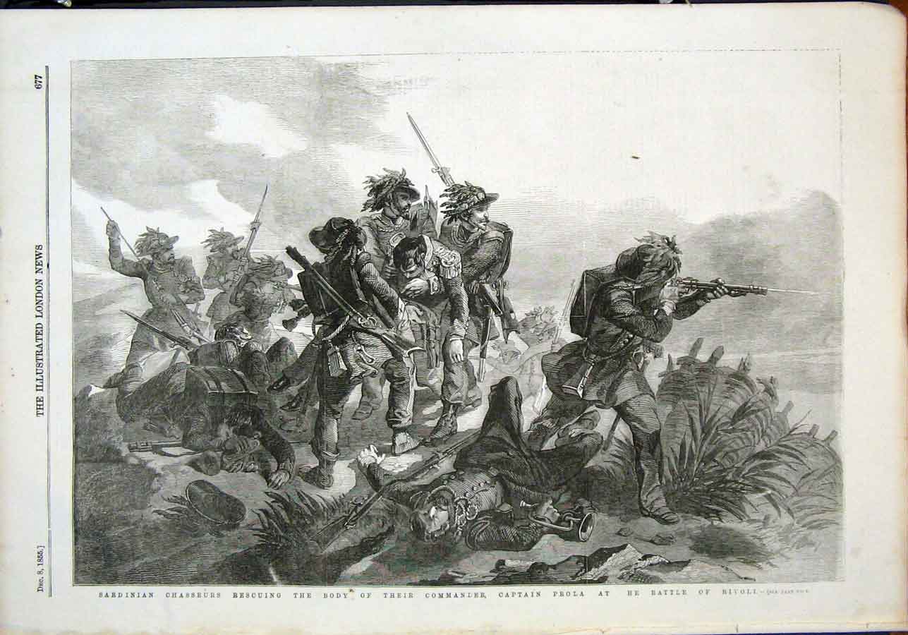 Original Old Antique Print Sarinian Chasseurs Captain Prola Battle Rivoli 1855