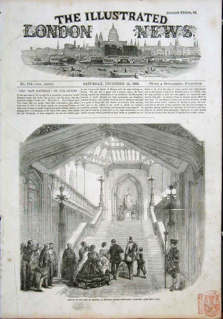 Original Old Antique Print Kin\G Sardinia Windsor Castle Staircase 1855 19th