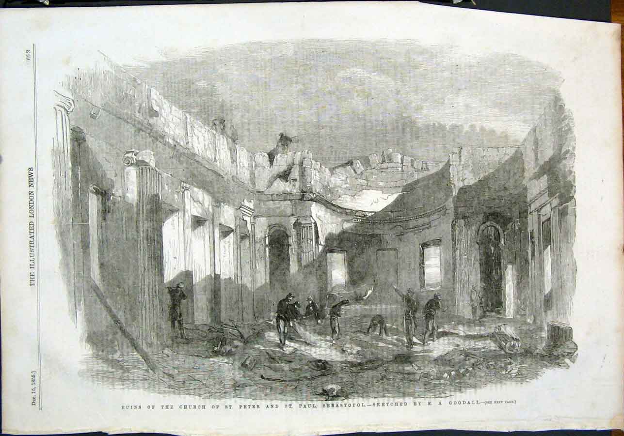 Original Old Antique Print Ruins Church St Peter Paul Sebastopol Goodall Sketch