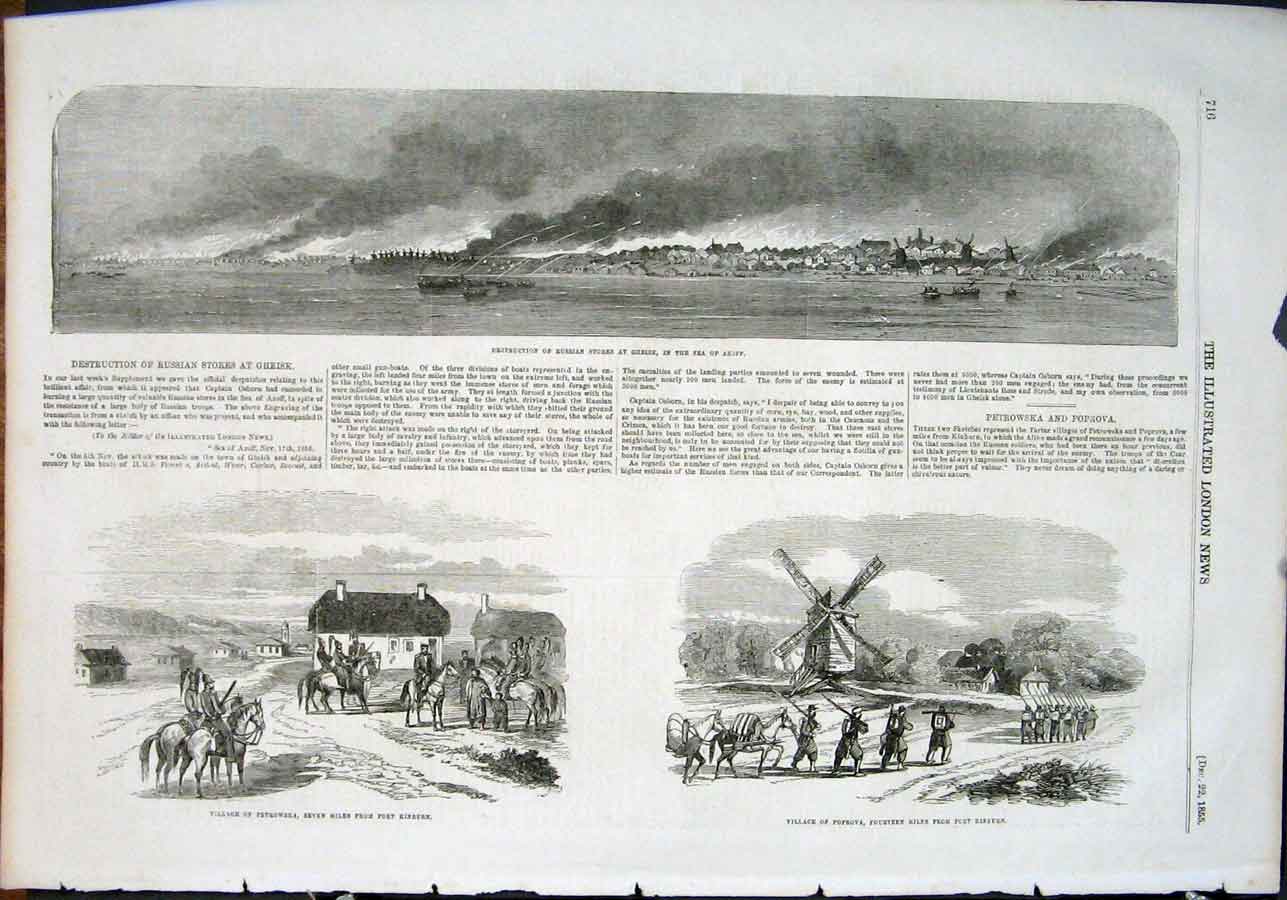 Old Antique Print Gheisk Russian Stores Destruction Kinburn Poprova Azoff