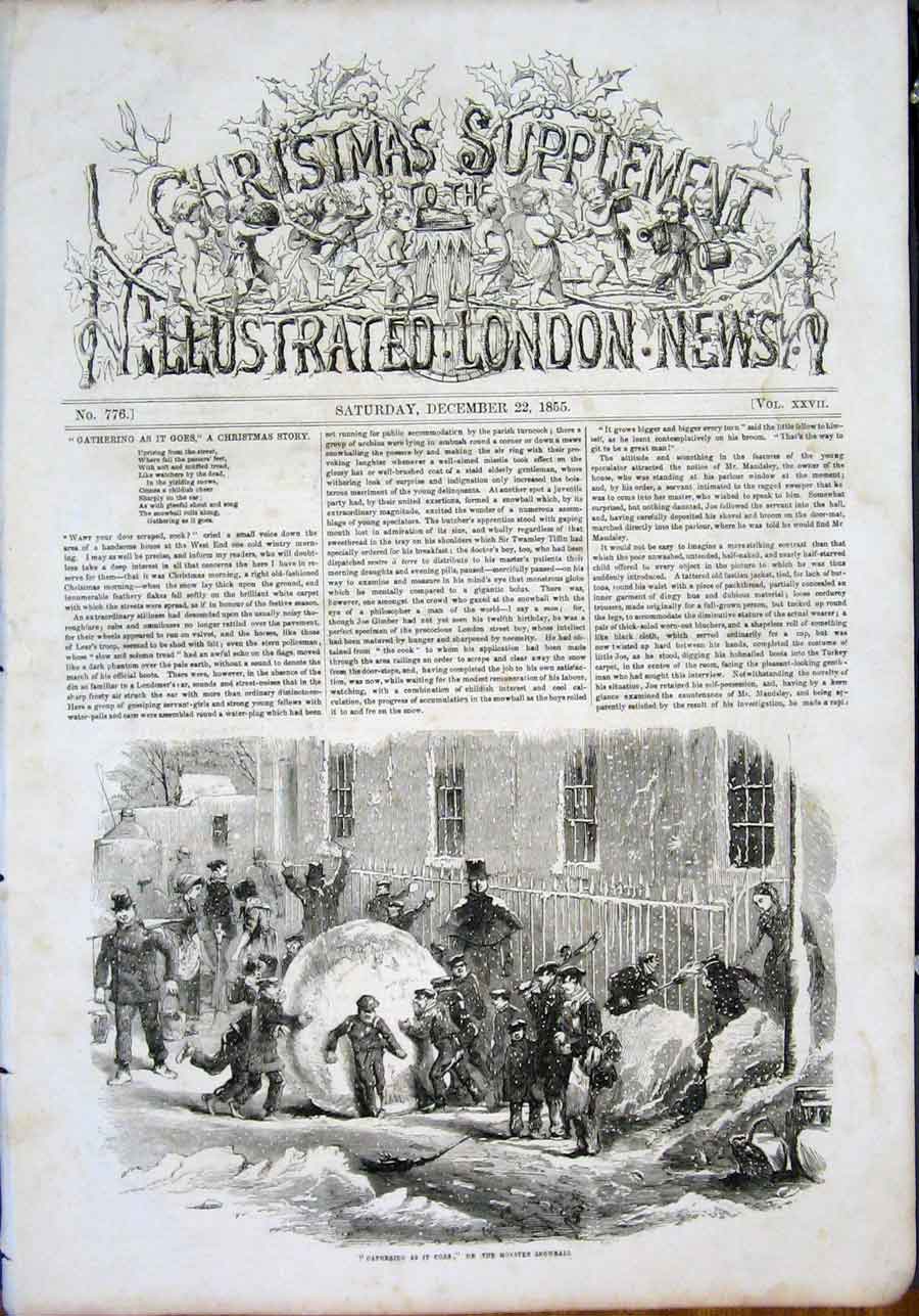 Original Old Antique Print Monster Snowball Winter Snow Ball 1855 19th