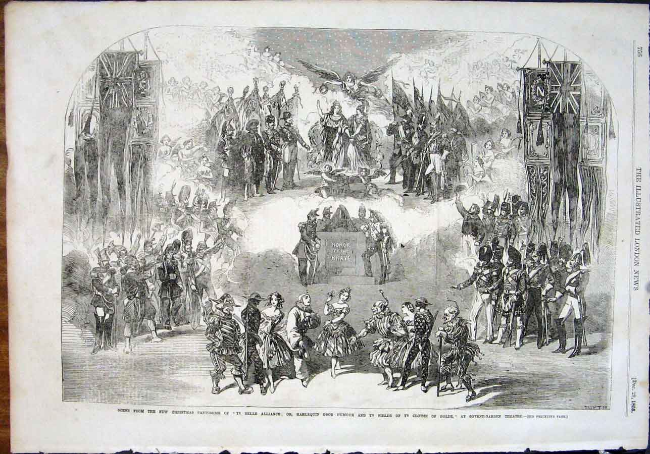Original Old Antique Print Pantomime Christmas Covent Garden Theatre London 1855