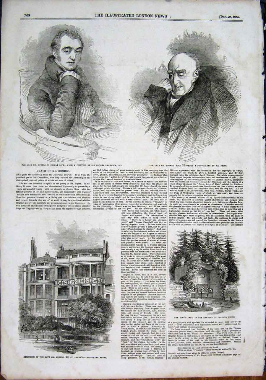 Original Old Antique Print Portrait Rogers Poet Holland House London 1855 19th