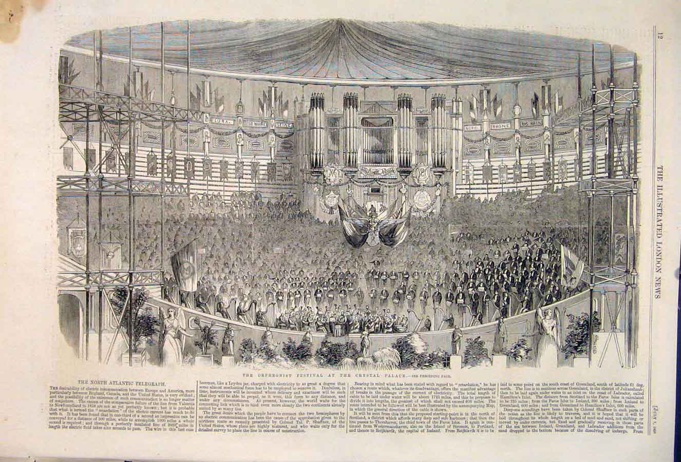 Old Antique Print Orpheonist Festival Crystal Palace London Concert 1860 19th