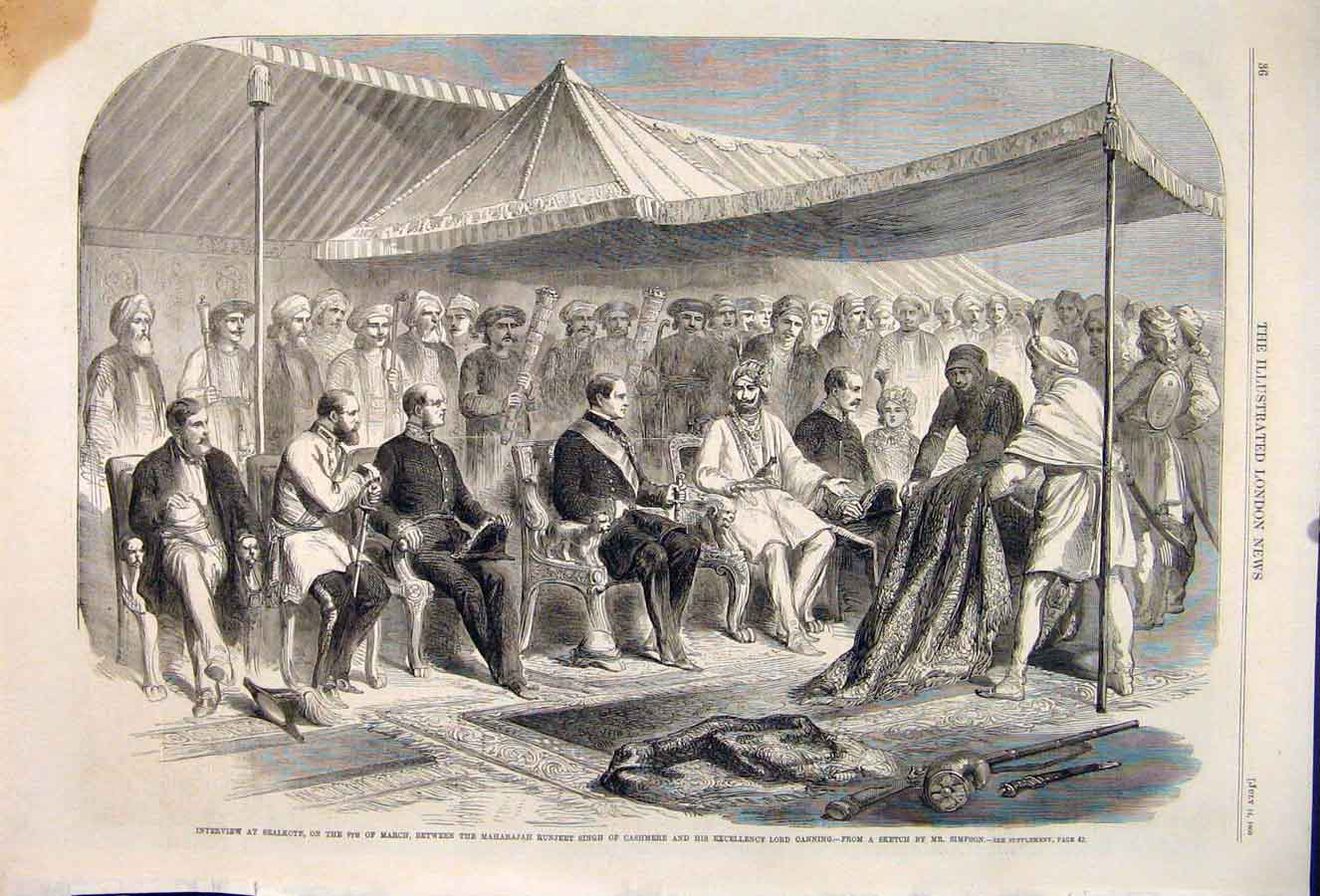 Original Old Antique Print Sealkote Cashmere Maharajah Canning Simpson 1860 19th