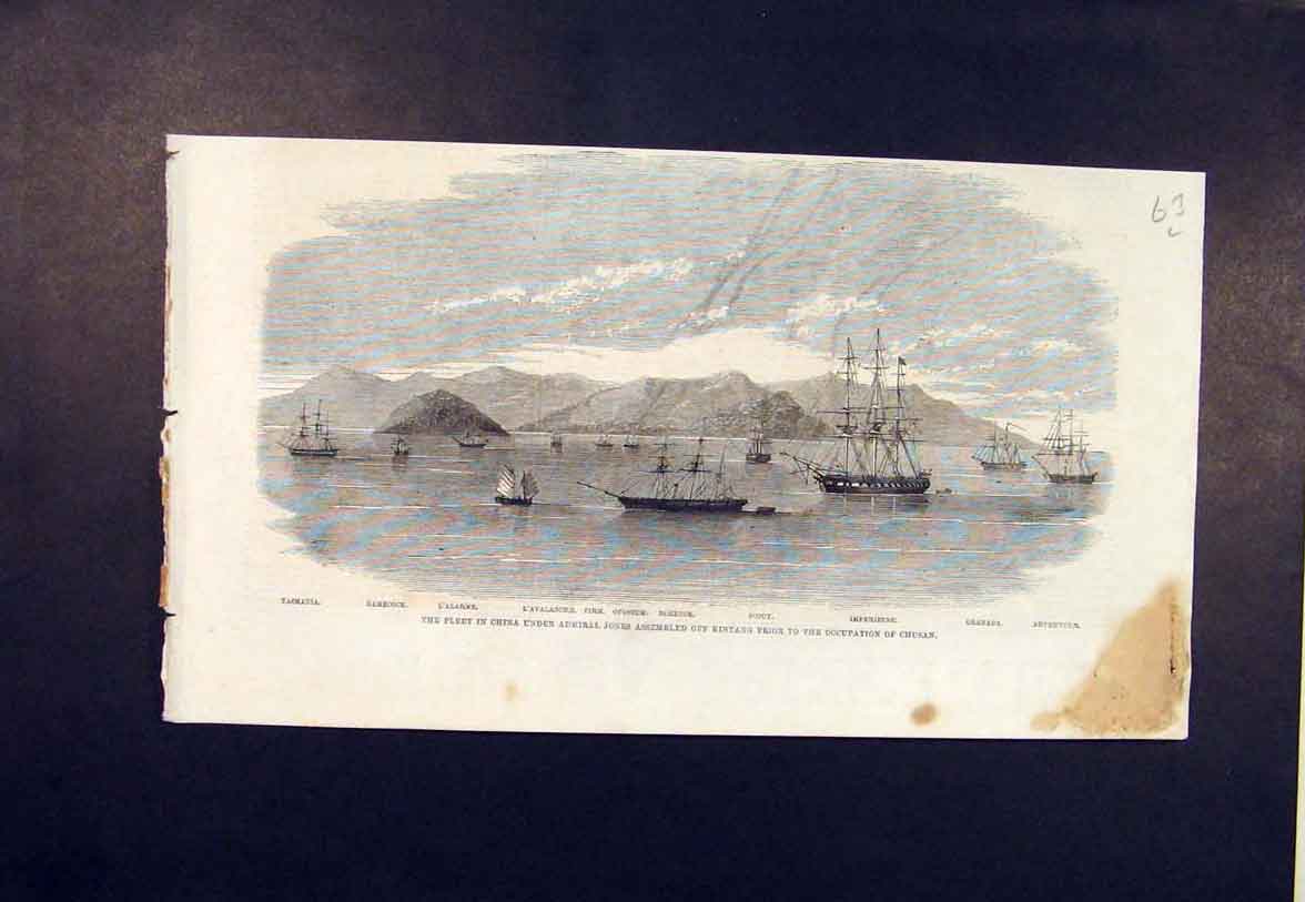 Original Old Antique Print Fleet China Admiral Jones Kintang Chusan War 1860
