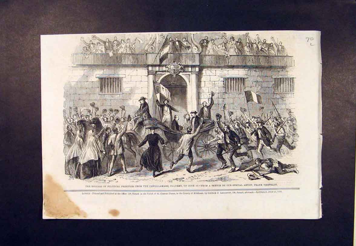 Original Old Antique Print Castellamare Prisoners Palermo Italy Vizetelly 1860