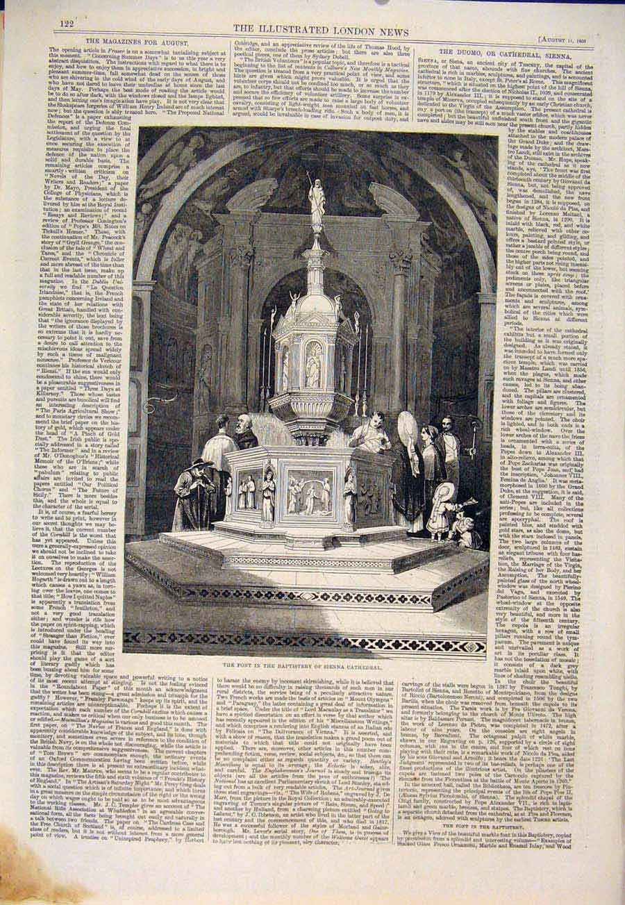 Original Old Antique Print Font Baptistry Sienna Cathedral Tuscany Duomo Church