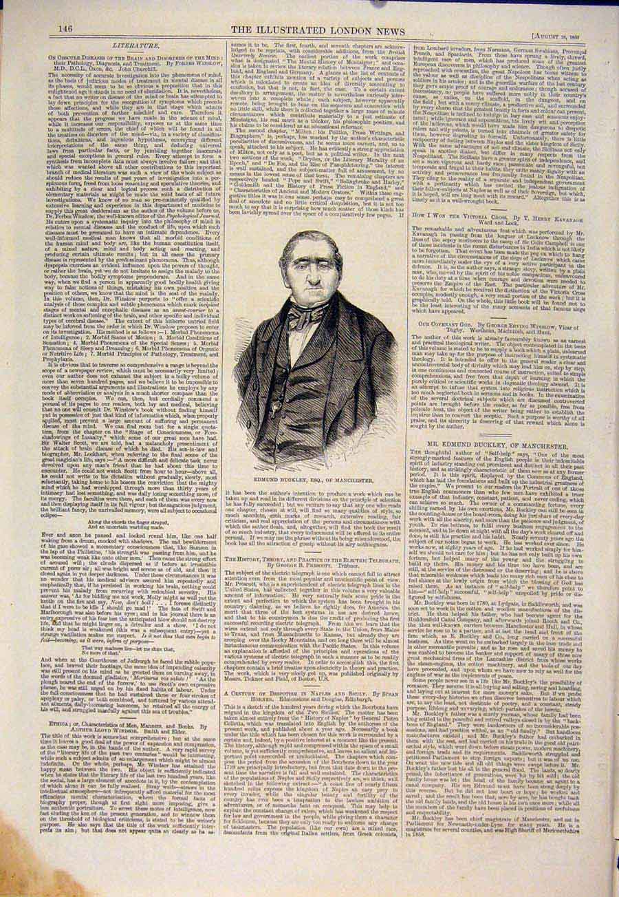 Original Old Antique Print Portrait Edmund Buckley Manchester 1860 Victorian