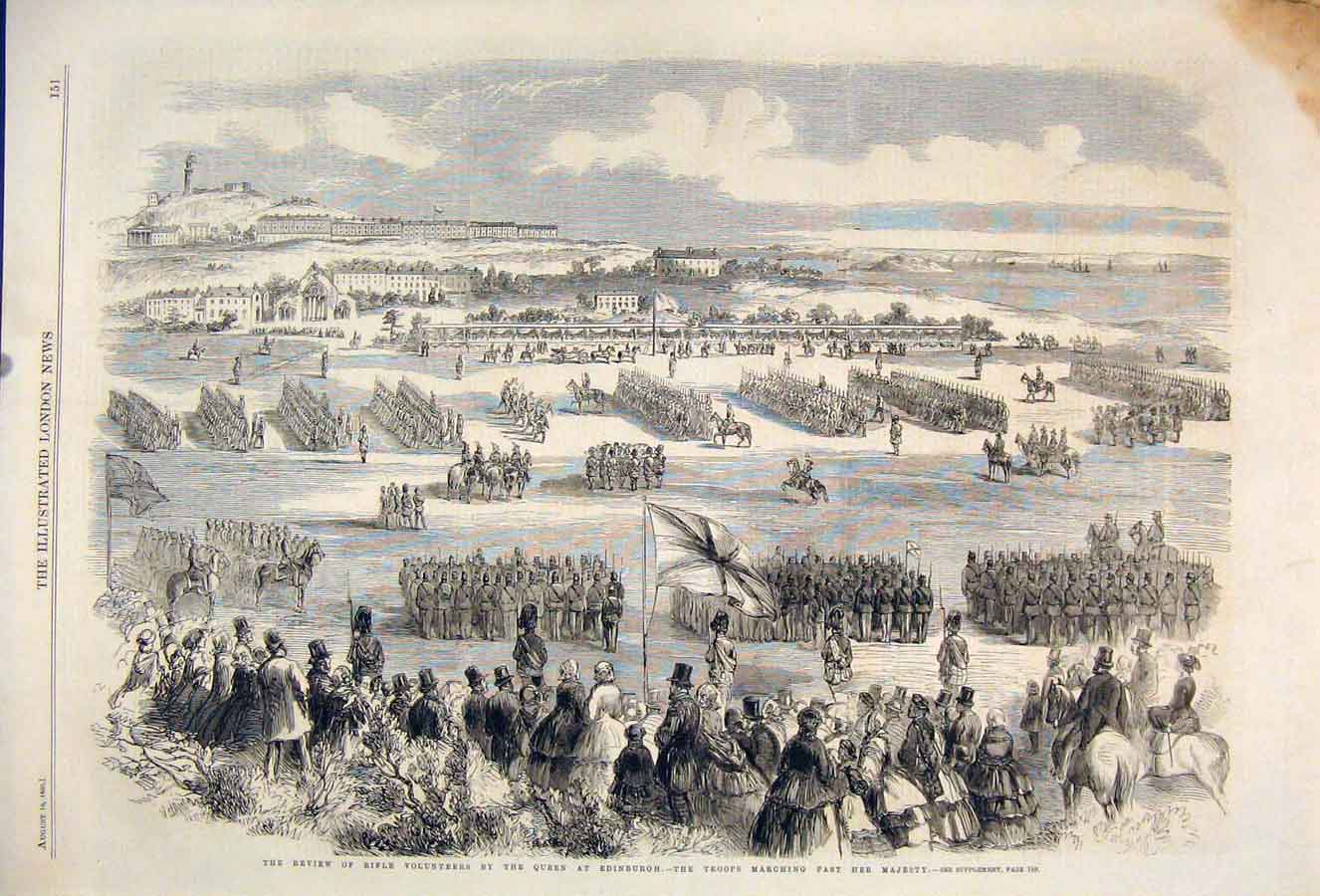 Original Old Antique Print Review Rifle Volunteers Queen Edinburgh Troops 1860