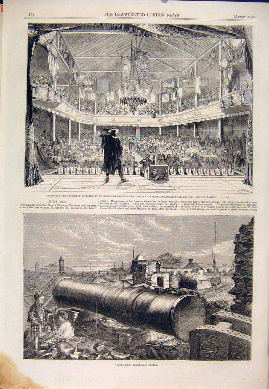 Original Old Antique Print Theatre Beauce Chalons Camp Mons Meg Edinburgh Castle