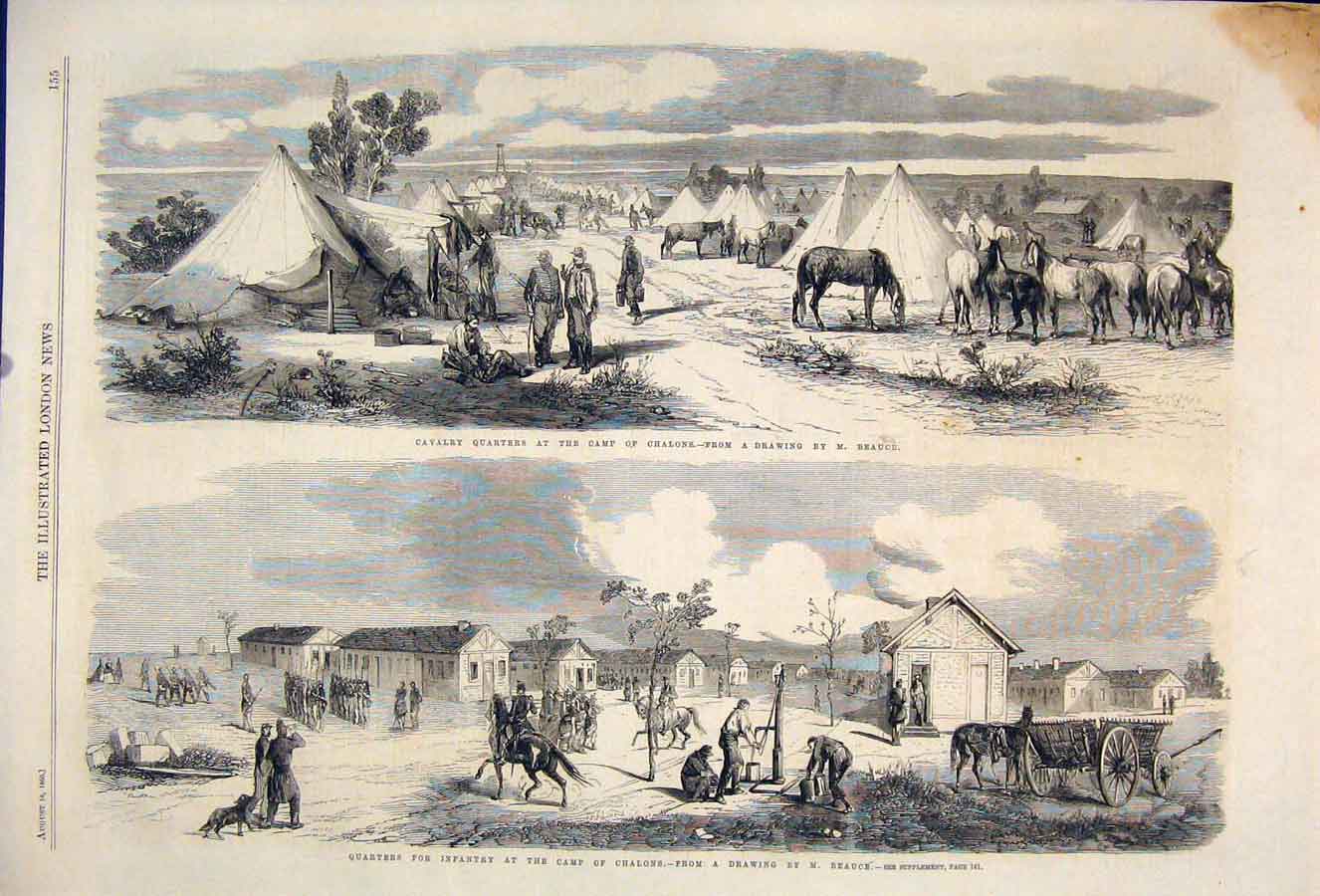 Original Old Antique Print Cavalry Camp Chalons Beauce Infantry Quarters 1860