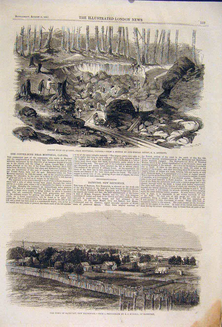 Old Antique Print Copper Mine Canada Montreal Andrews Bathurst Brunswick