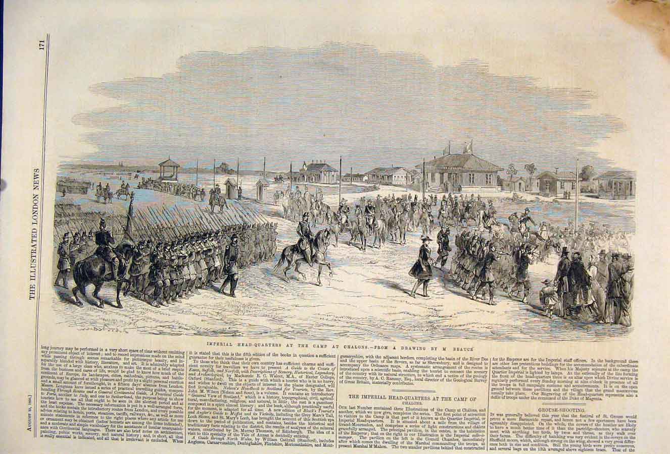 Original Old Antique Print Imperial Headquarters Chalons Beauce 1860 Victorian