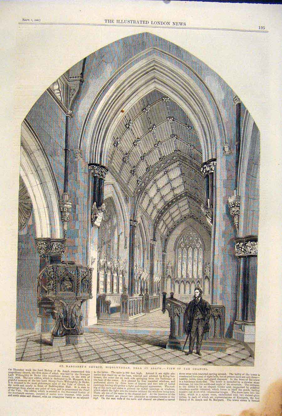Original Old Antique Print Bodelwyddan St Asaph St Margaret'S Church Clwyd 1860