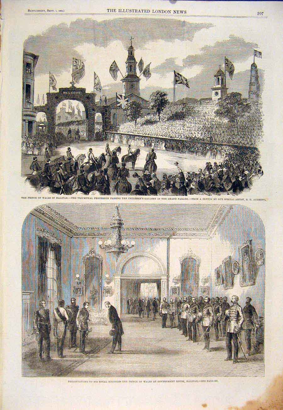 Original Old Antique Print Halifax Andrews Children Procession Government House