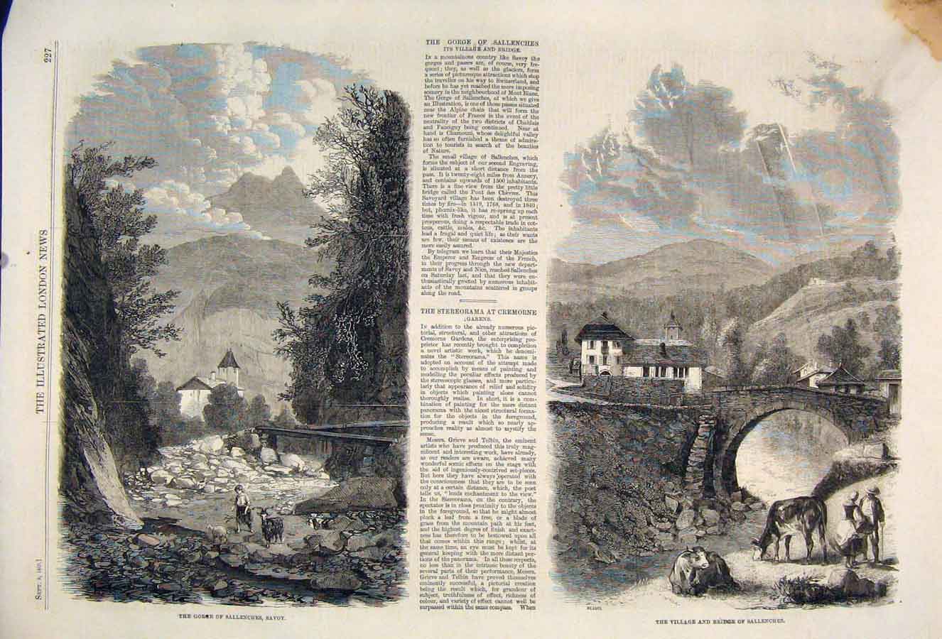 Original Old Antique Print Gogre Sallenches Savoy Village Bridge 1860 Victorian