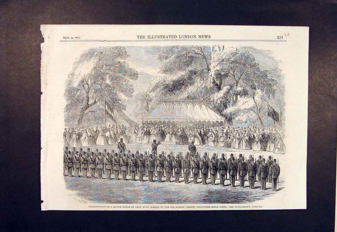 Old Antique Print Silver Bugle Lady Gordon Surrey Volunteer Rifle Corps