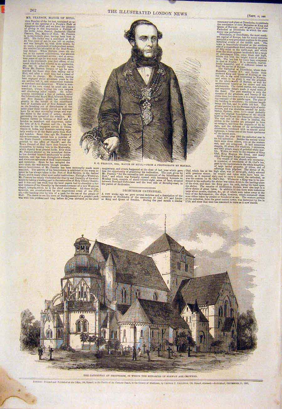 Original Old Antique Print Portrait Pearson Hull Cathedral Drontheim Norway 1860