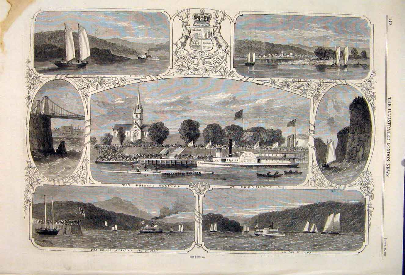 Original Old Antique Print Frediction Prince Wales St John Ship Boat Caton 1860