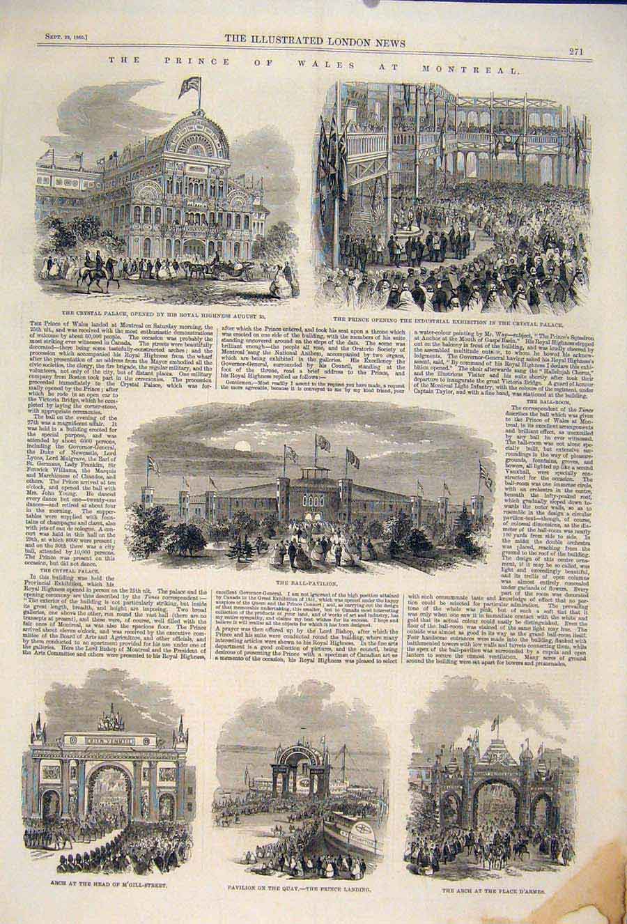 Original Old Antique Print Montreal Prince Wales Canada Crystal Palace Pavilion