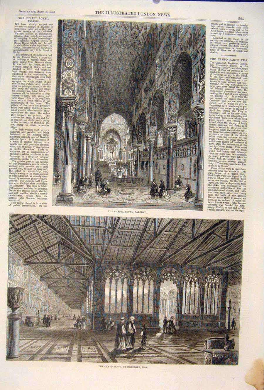 Original Old Antique Print Chapel Royal Palermo Italy Sicily Pisa Cemetery 1860