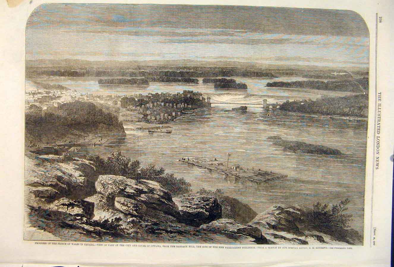 Original Old Antique Print Canada Prince Wales Ottawa River Parliament Andrews
