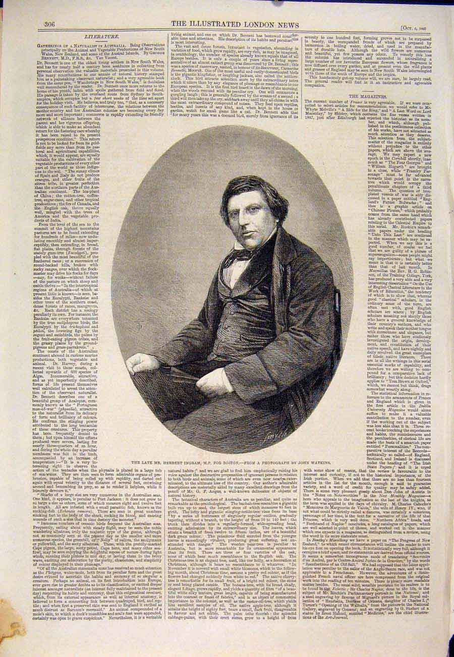 Original Old Antique Print Portrait Ingram Boston Watkins 1860 19th