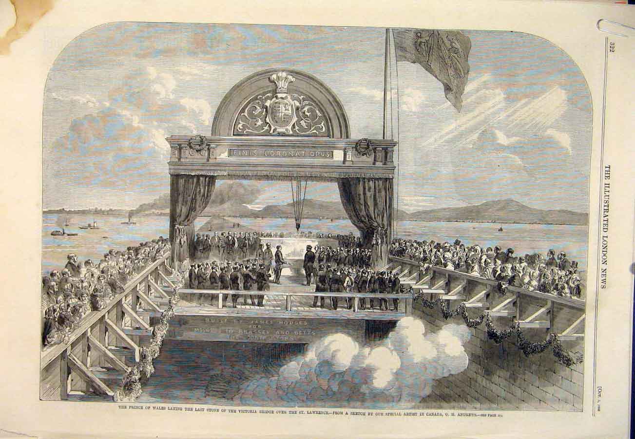 Old Antique Print Victoria Bridge St Lawrence Canada Andrews Prince Wales