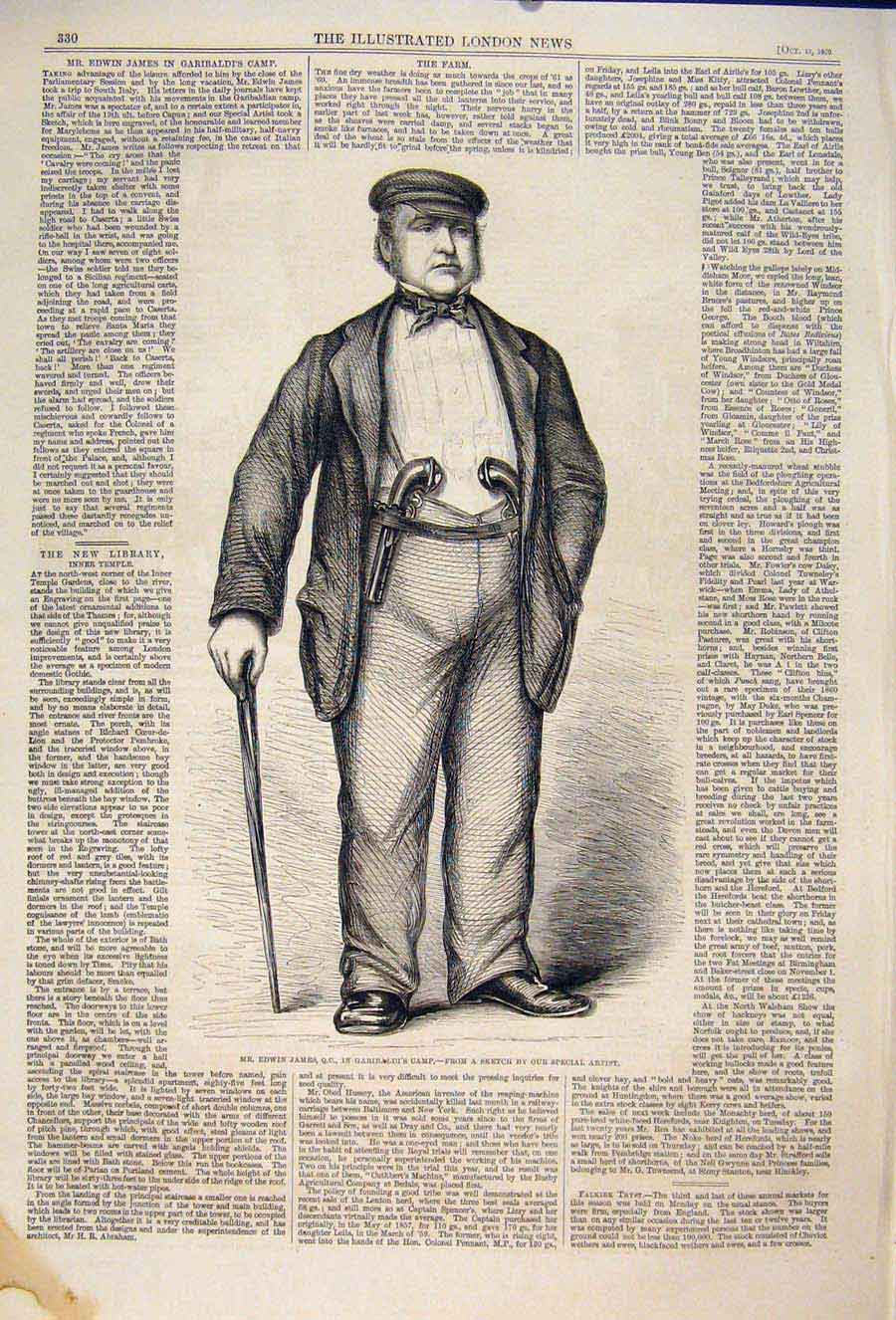 Original Old Antique Print Portrait Edwin James Garibaldi Italy 1860 Victorian