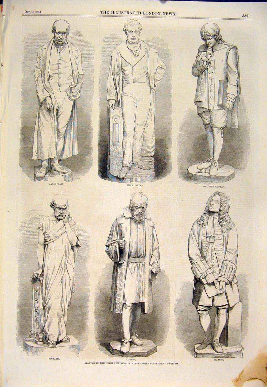 Original Old Antique Print Statue Statues Oxford University Museum Watt Newton