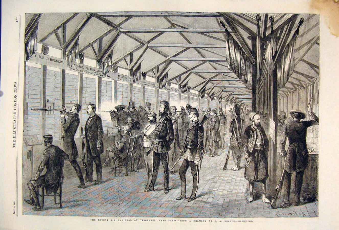 Original Old Antique Print Vincennes Paris Beauce Rifle Shooting Tir National