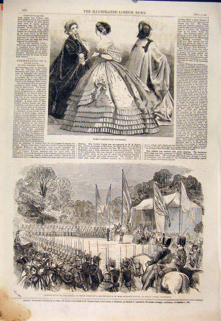 Original Old Antique Print Paris Fashion Highgate Rifle Corps Bugle Coutts 1860