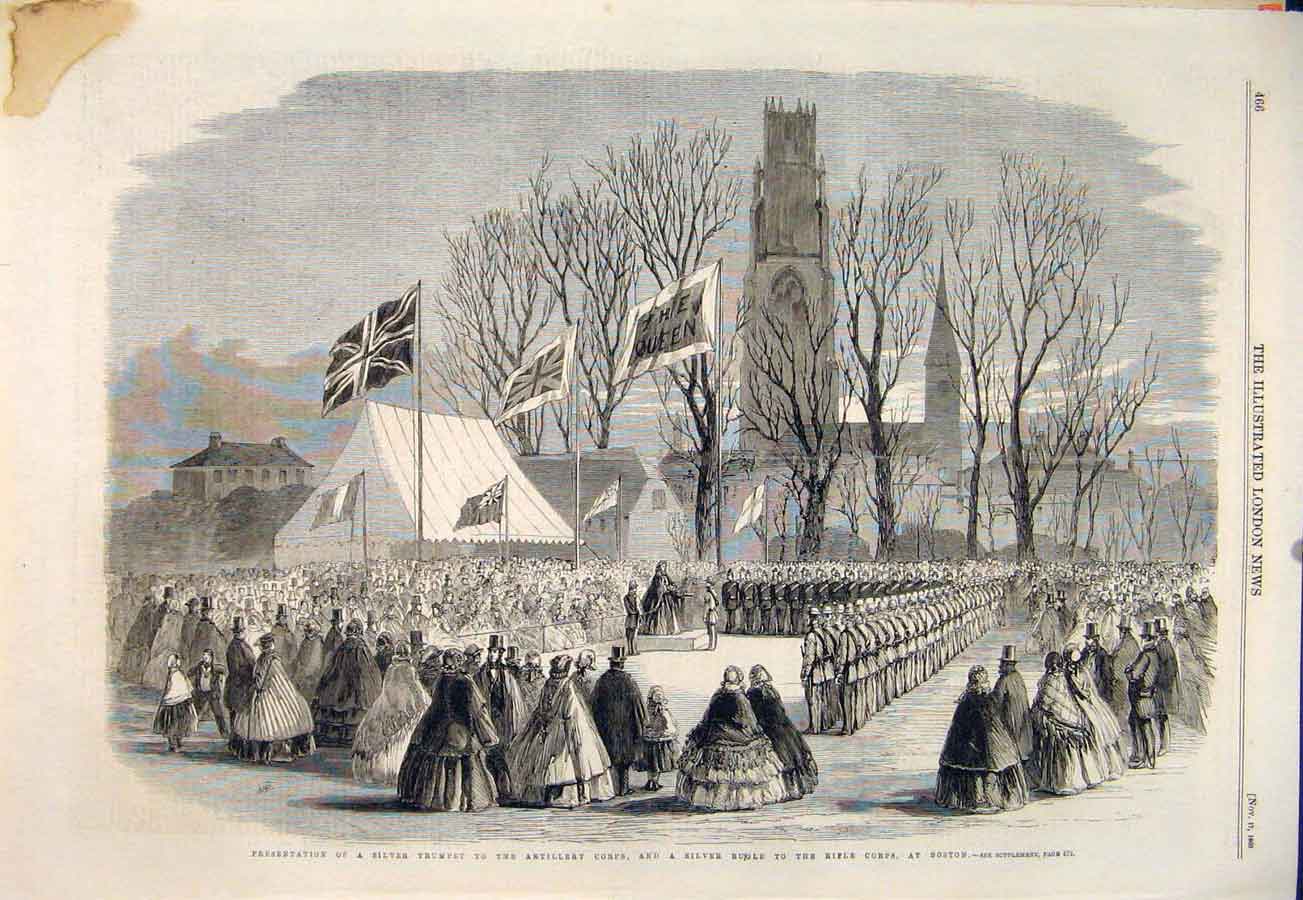 Old Antique Print Artillery Corps Rifle Boston Silver Bugle Trumpet 1860 19th