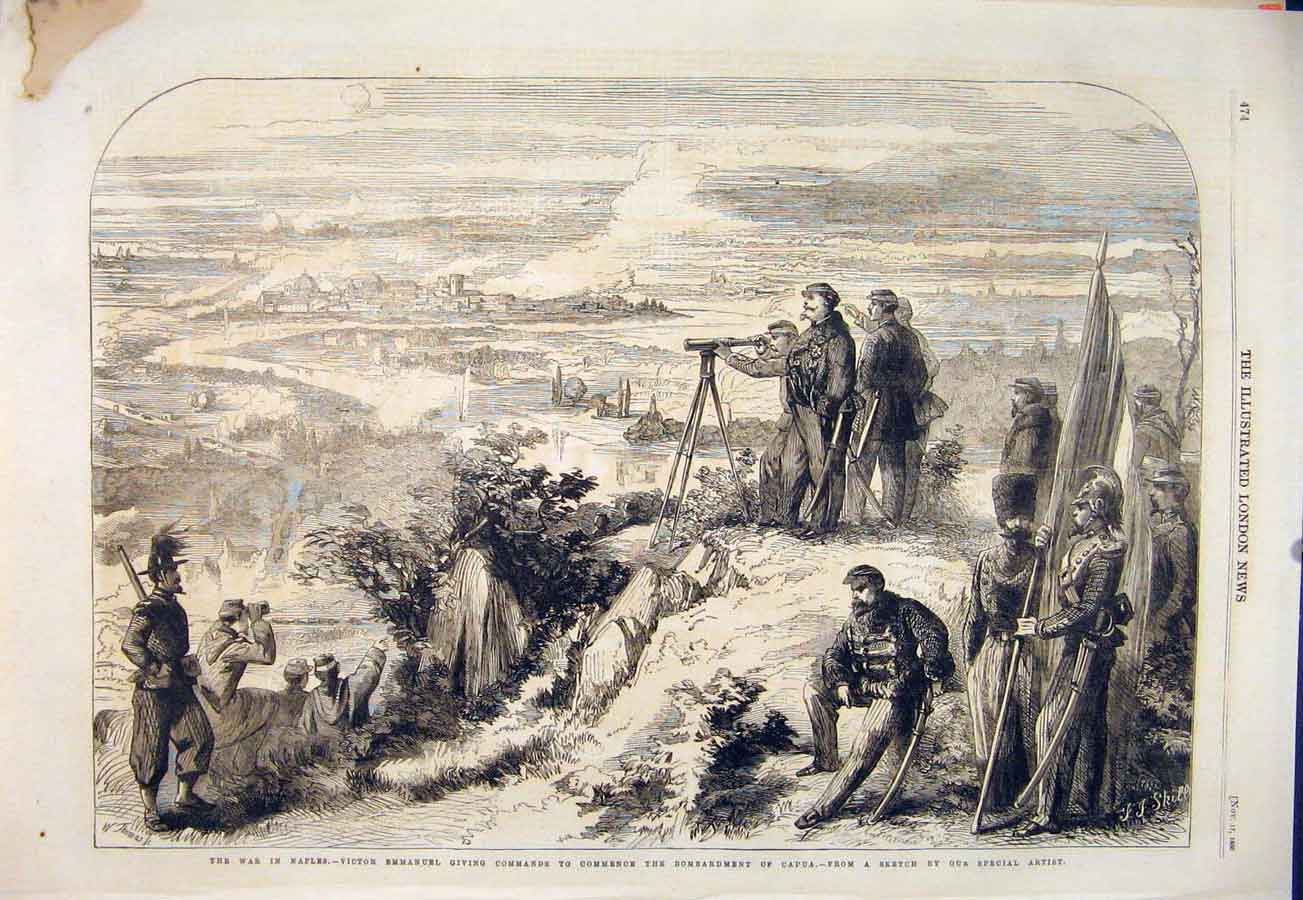 Original Old Antique Print War Naples Victor Emmanuel Capua Italy Battle 1860