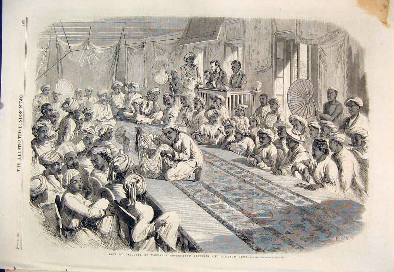 Original Old Antique Print Calcutta Government Presents Lucknow Jewels 1860 19th
