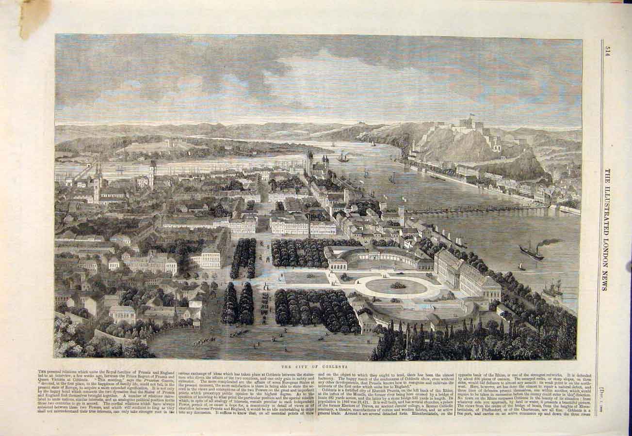 Original Old Antique Print City Coblentz Rhenish Prussia Rhine 1860 Victorian