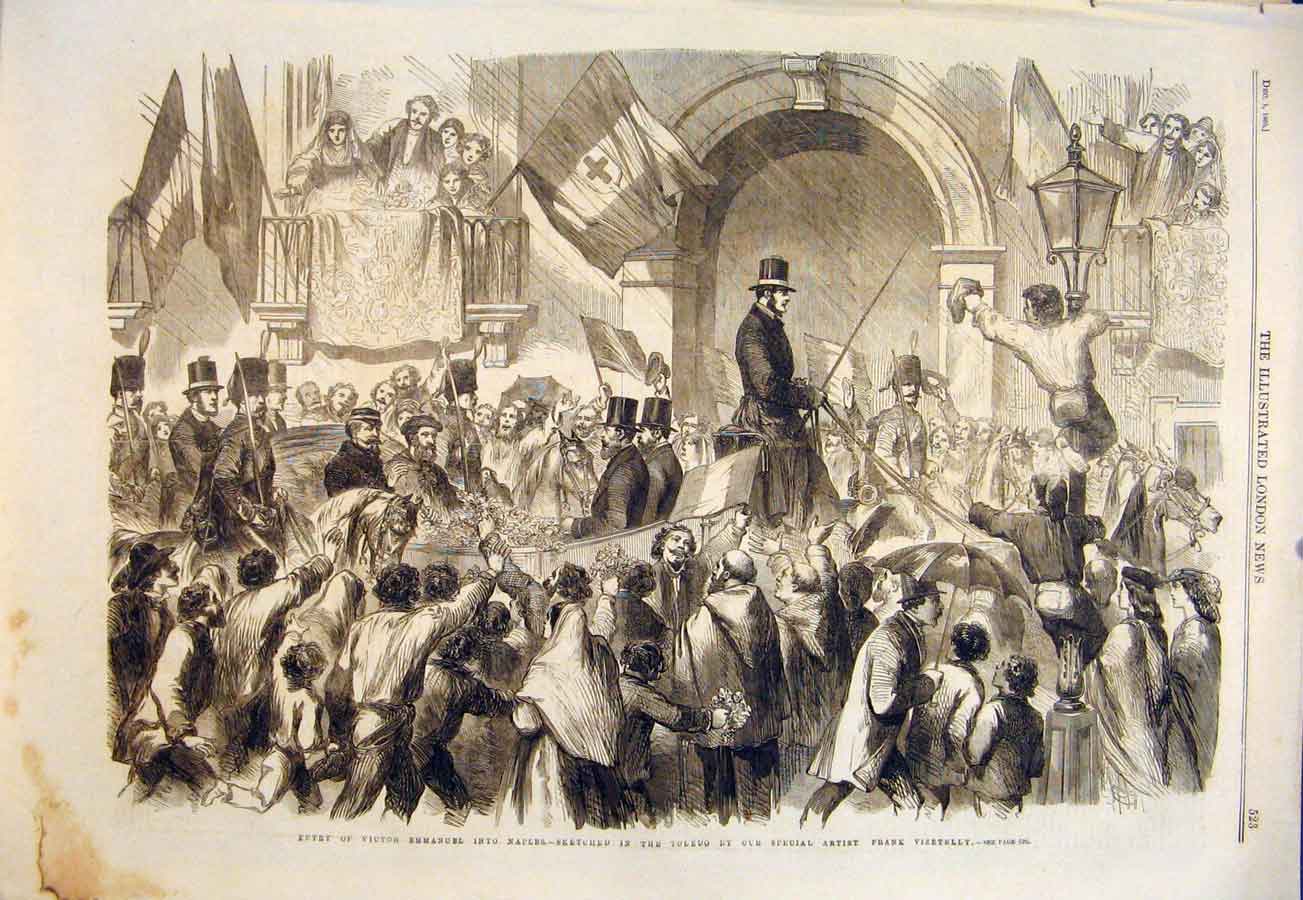 Original Old Antique Print Victor Emmanuel Naples Italy Toledo Vizetelly 1860