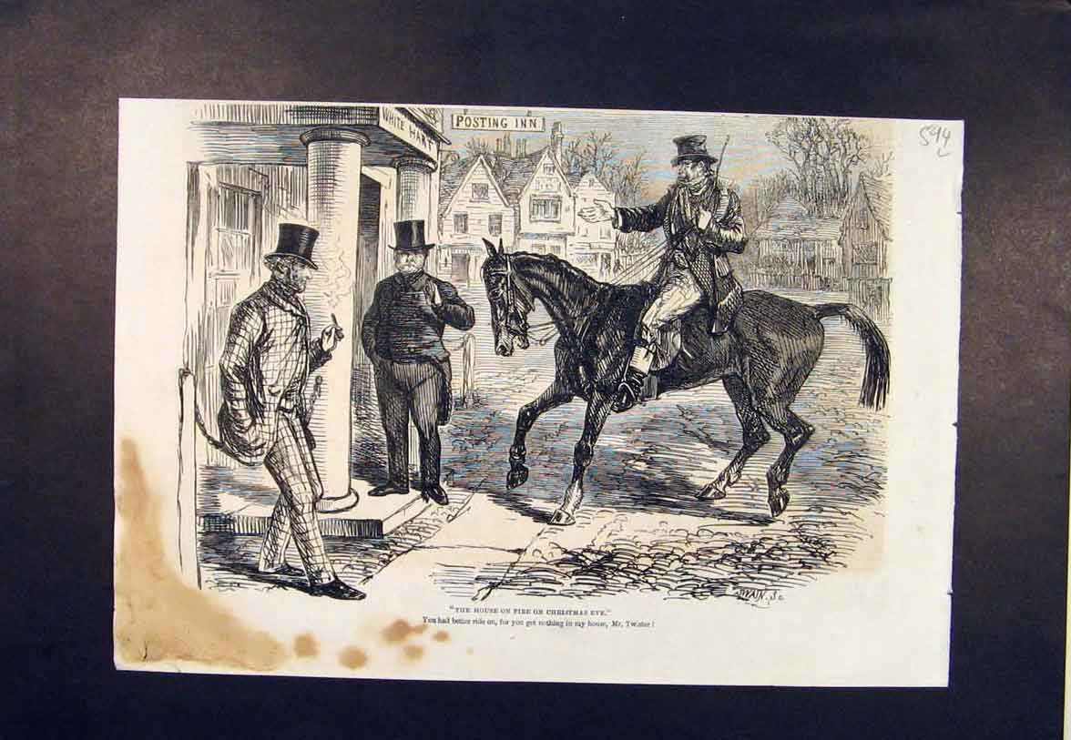 Original Old Antique Print Christmas Eve House Fire Twister Horse Swain 1860