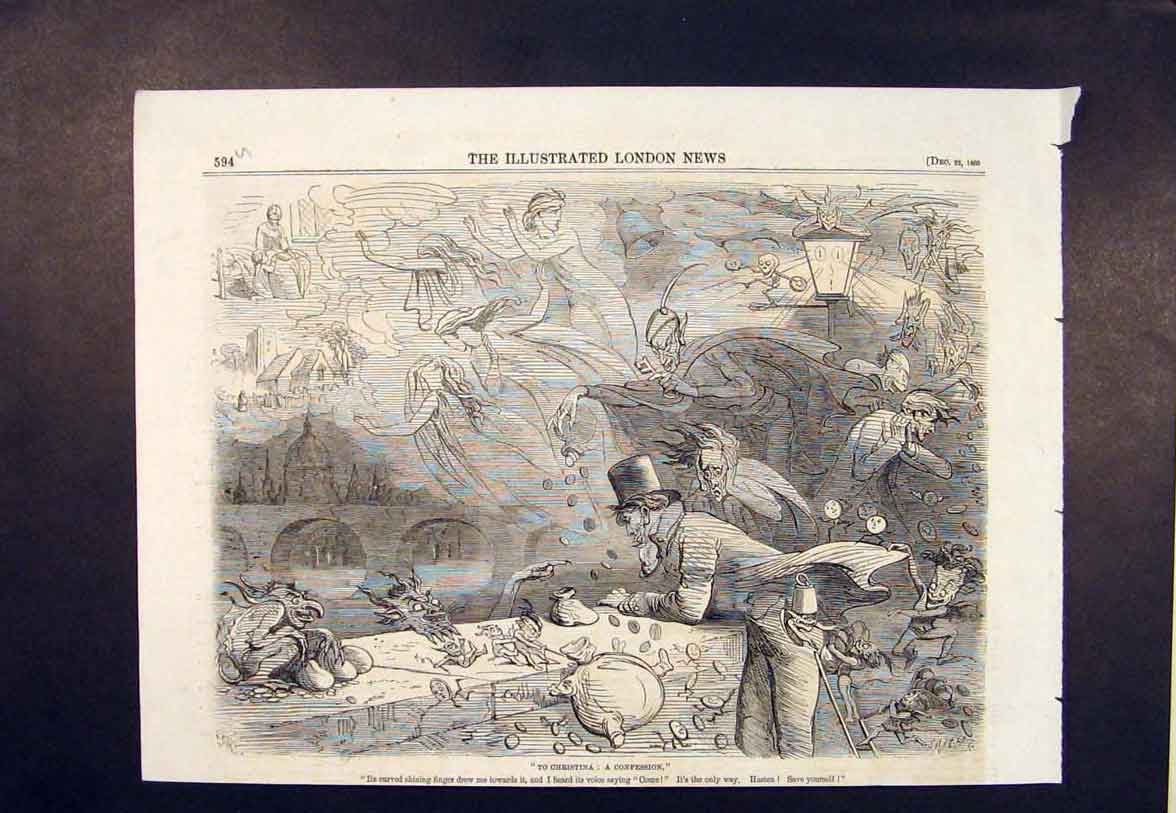 Original Old Antique Print Christina Confession Dream Story Tale 1860 Victorian